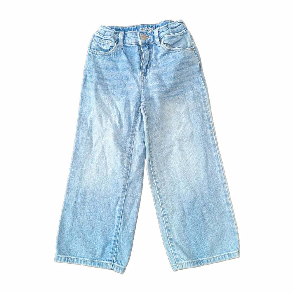 Cat & Jack Girls Size 6 Light Wash Wide Leg Stretch Denim Jeans Adjustable Waist